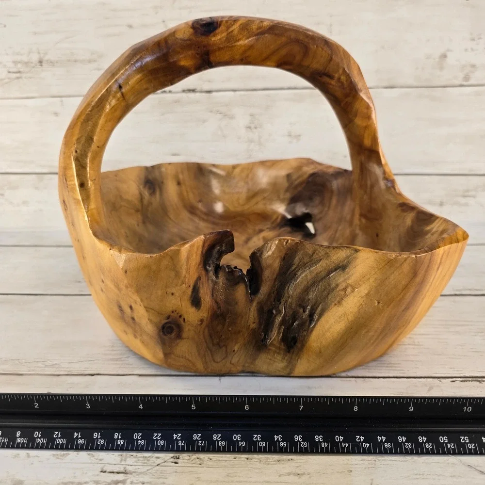 Hand Carved Live Edge Cedar Wood Basket Rustic Log Centerpiece Bowl with Handle